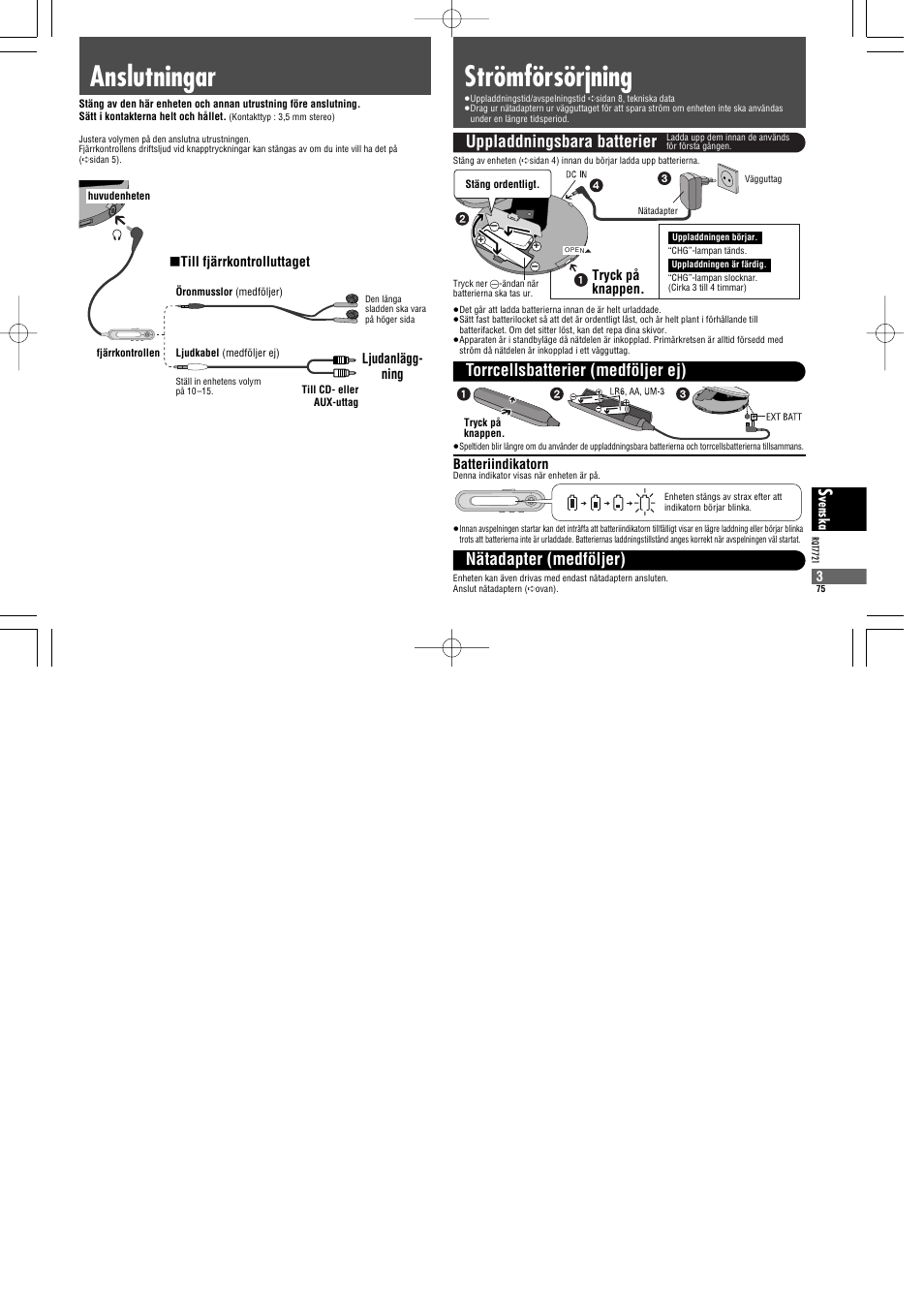 Strömförsörjning anslutningar, Uppladdningsbara batterier | Panasonic SLCT720 User Manual | Page 75 / 84