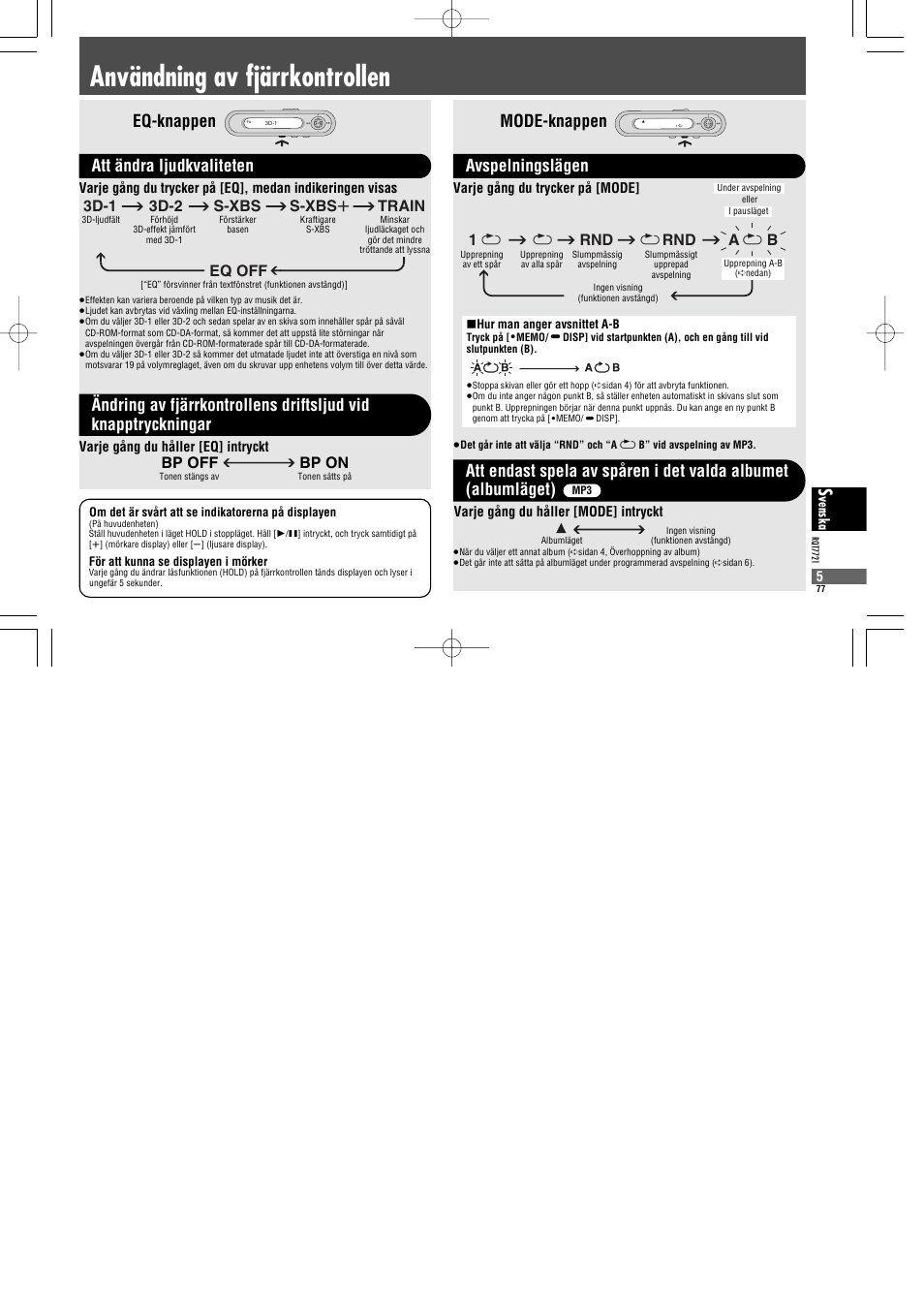 Användning av fjärrkontrollen, Mode-knappen, Avspelningslägen | Rnd a 1, 3d-1 3d-2 s-xbs s-xbs r train eq off, Bp off bp on | Panasonic SLCT720 User Manual | Page 77 / 84