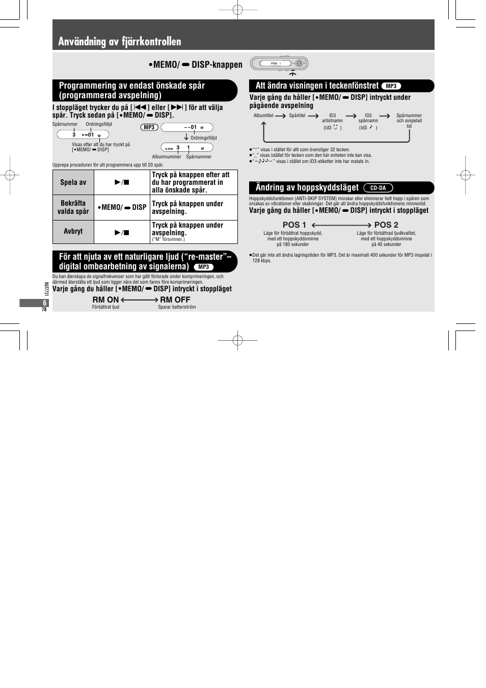 Användning av fjärrkontrollen, Pos 1 pos 2, Rm on rm off | Panasonic SLCT720 User Manual | Page 78 / 84