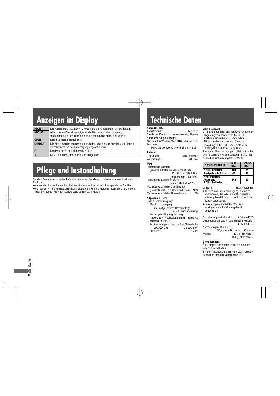 Technische daten pflege und instandhaltung, Anzeigen im display | Panasonic SLCT720 User Manual | Page 8 / 84