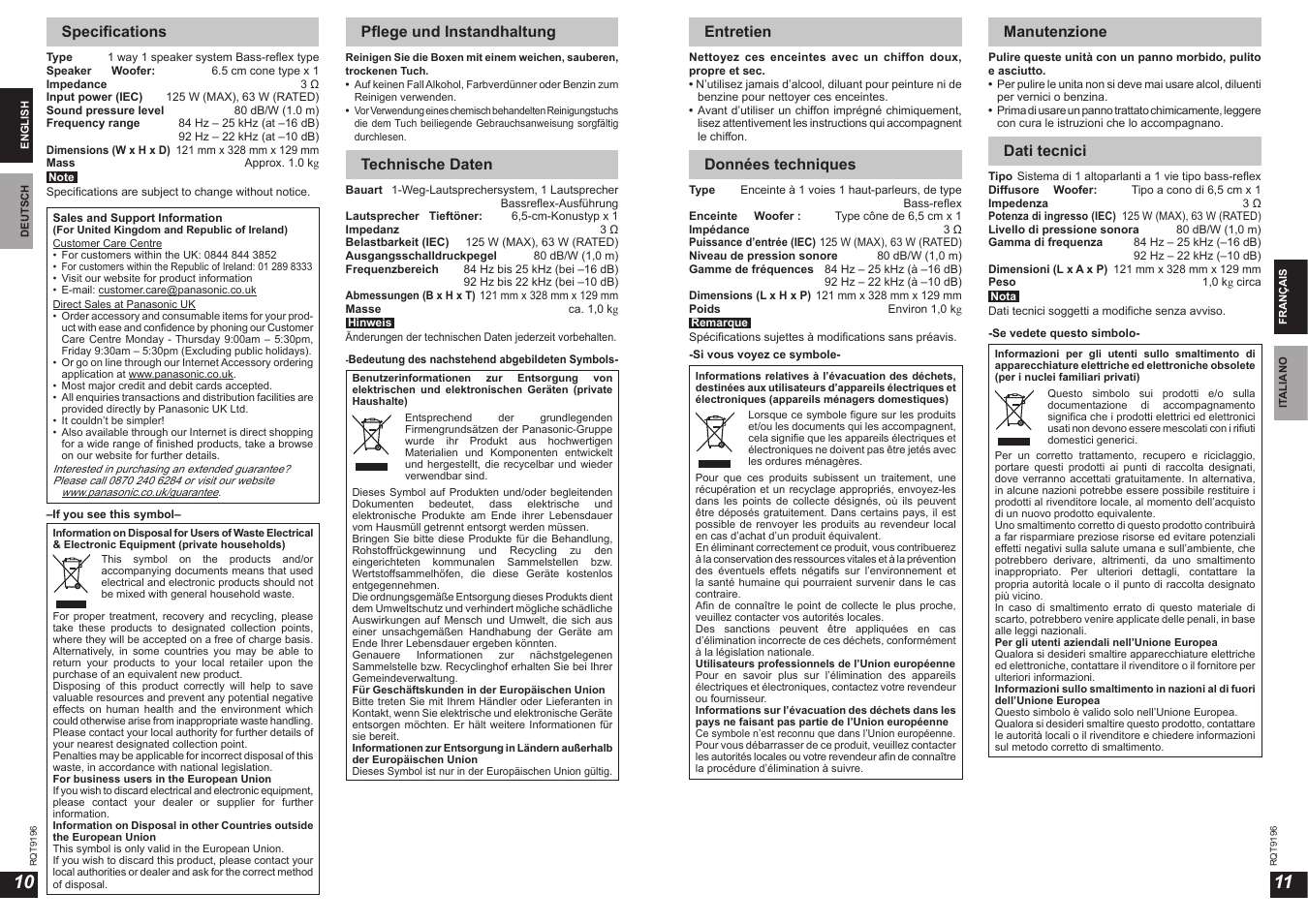 Specifi cations, Pfl ege und instandhaltung, Technische daten | Entretien, Données techniques, Manutenzione, Dati tecnici | Panasonic SBHS100A User Manual | Page 6 / 19