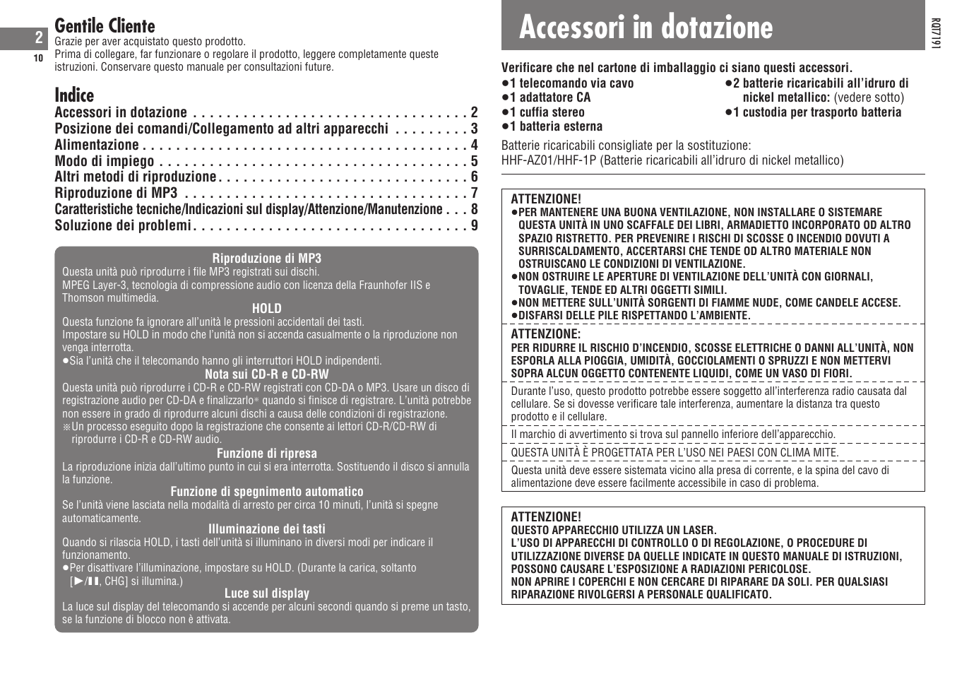Accessori in dotazione, Gentile cliente, Indice | Panasonic SLCT710 User Manual | Page 10 / 92