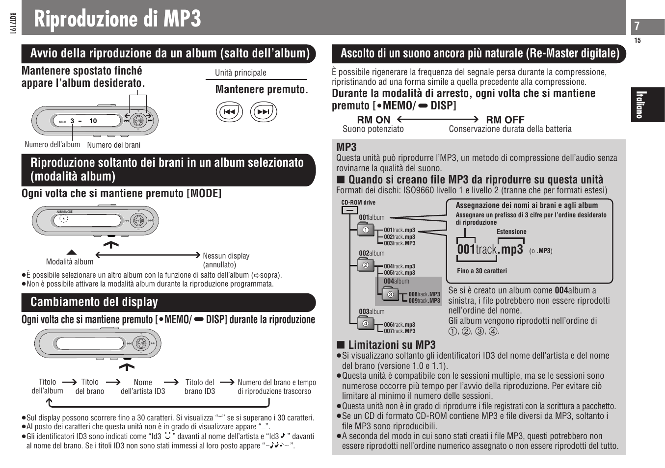 Riproduzione di mp3, 001 track .mp3, Cambiamento del display | Mantenere premuto, Limitazioni su mp3 | Panasonic SLCT710 User Manual | Page 15 / 92