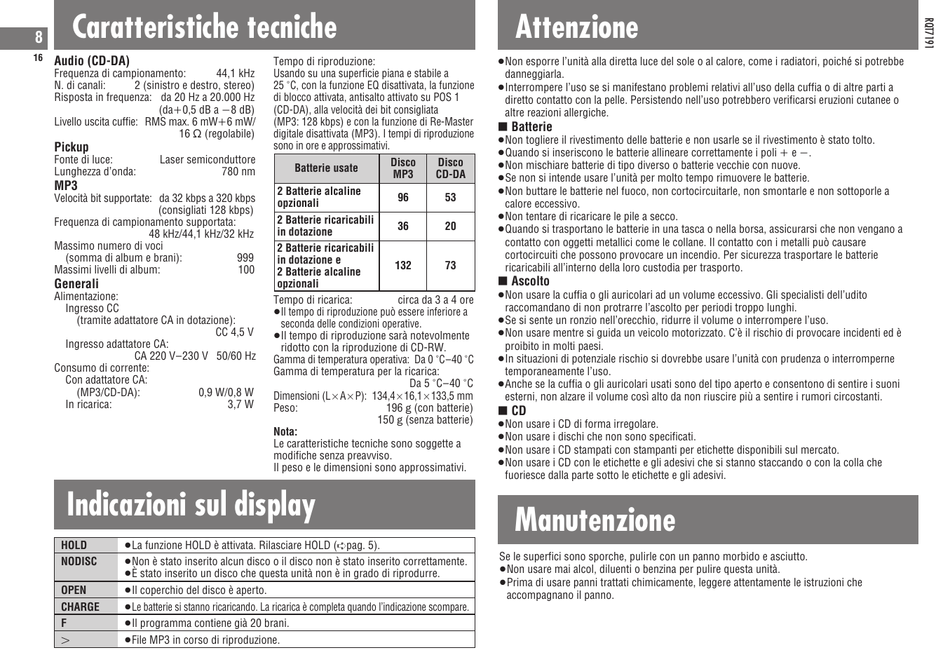Caratteristiche tecniche, Indicazioni sul display, Attenzione | Manutenzione | Panasonic SLCT710 User Manual | Page 16 / 92