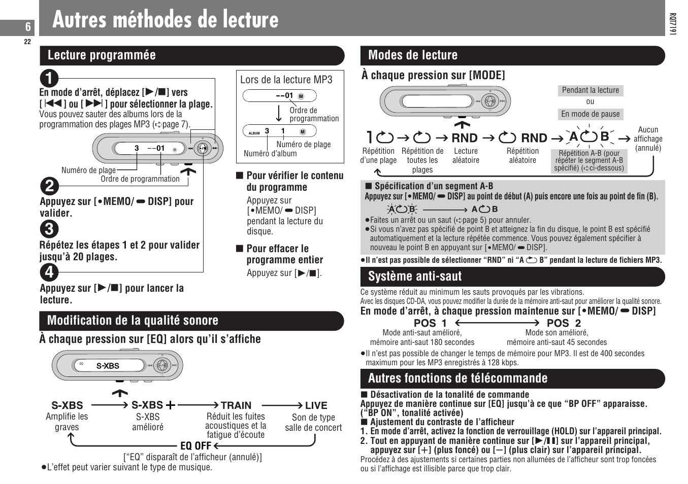 Autres méthodes de lecture, Lecture programmée modes de lecture, Modification de la qualité sonore | Système anti-saut, Autres fonctions de télécommande, À chaque pression sur [eq] alors qu’il s’affiche, À chaque pression sur [mode | Panasonic SLCT710 User Manual | Page 22 / 92