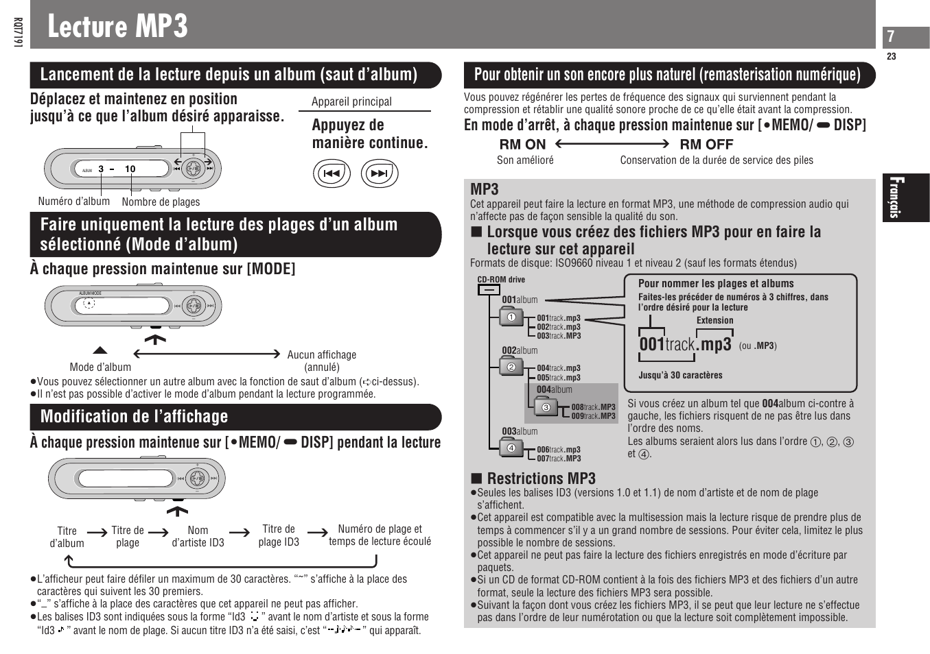 Lecture mp3, 001 track .mp3, Modification de l’affichage | Appuyez de manière continue, À chaque pression maintenue sur [mode, Restrictions mp3 | Panasonic SLCT710 User Manual | Page 23 / 92
