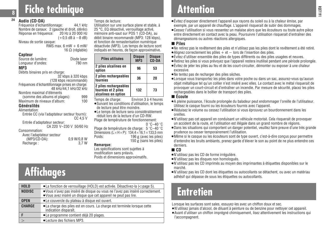 Fiche technique, Affichages attention, Entretien | Panasonic SLCT710 User Manual | Page 24 / 92