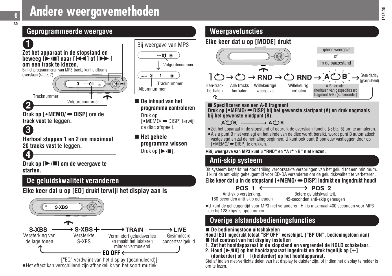 Andere weergavemethoden, Geprogrammeerde weergave weergavefuncties, De geluidskwaliteit veranderen | Anti-skip systeem, Overige afstandsbedieningsfuncties, Elke keer dat u op [mode] drukt | Panasonic SLCT710 User Manual | Page 30 / 92