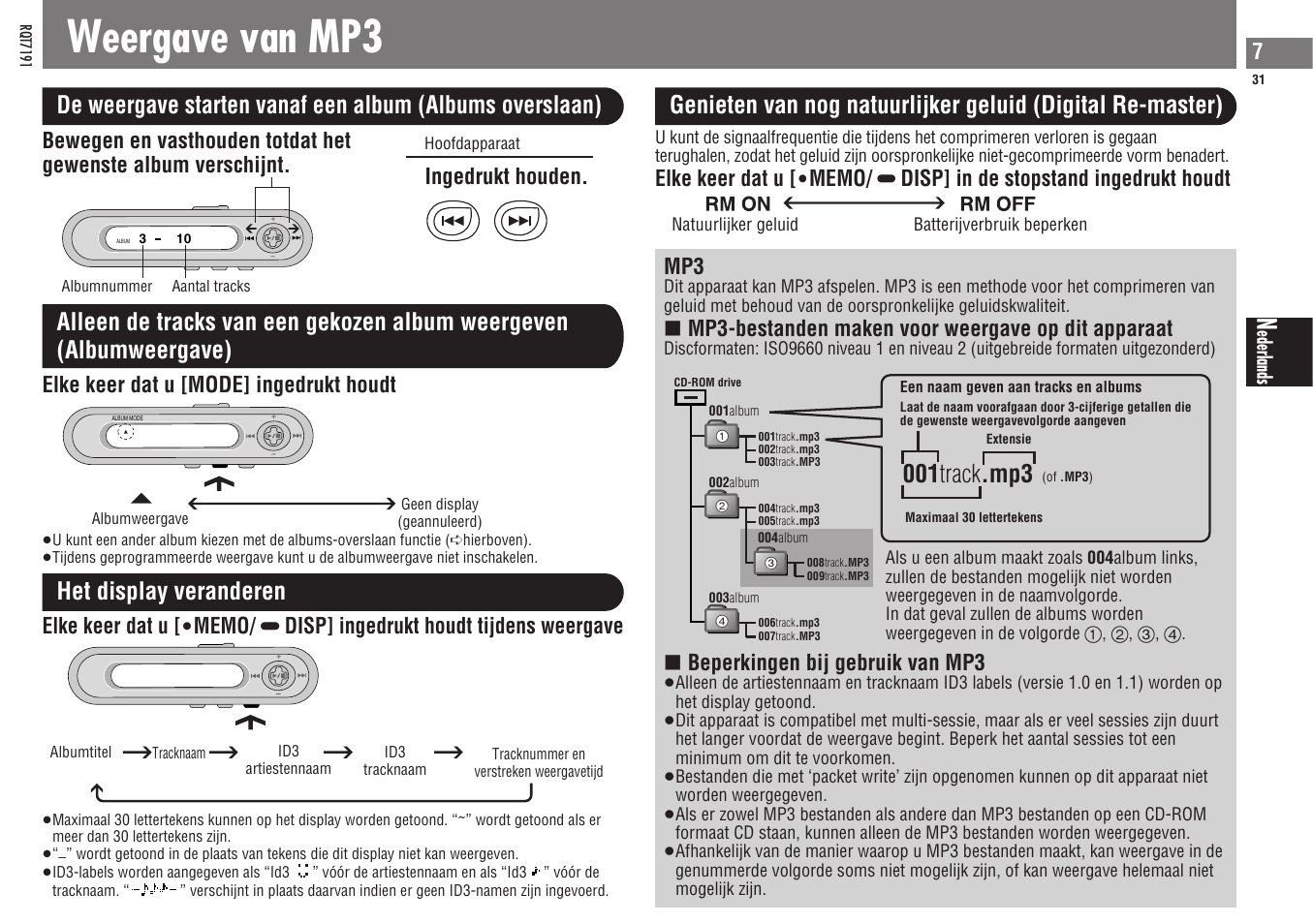 Weergave van mp3, 001 track .mp3, Het display veranderen | Mp3-bestanden maken voor weergave op dit apparaat, Beperkingen bij gebruik van mp3, Elke keer dat u [mode] ingedrukt houdt, Ingedrukt houden | Panasonic SLCT710 User Manual | Page 31 / 92