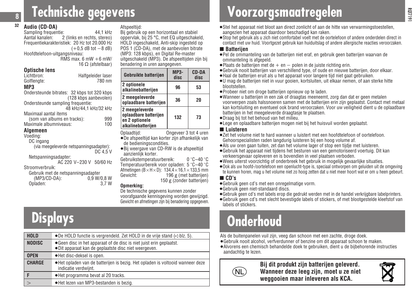Technische gegevens, Displays voorzorgsmaatregelen, Onderhoud | Panasonic SLCT710 User Manual | Page 32 / 92