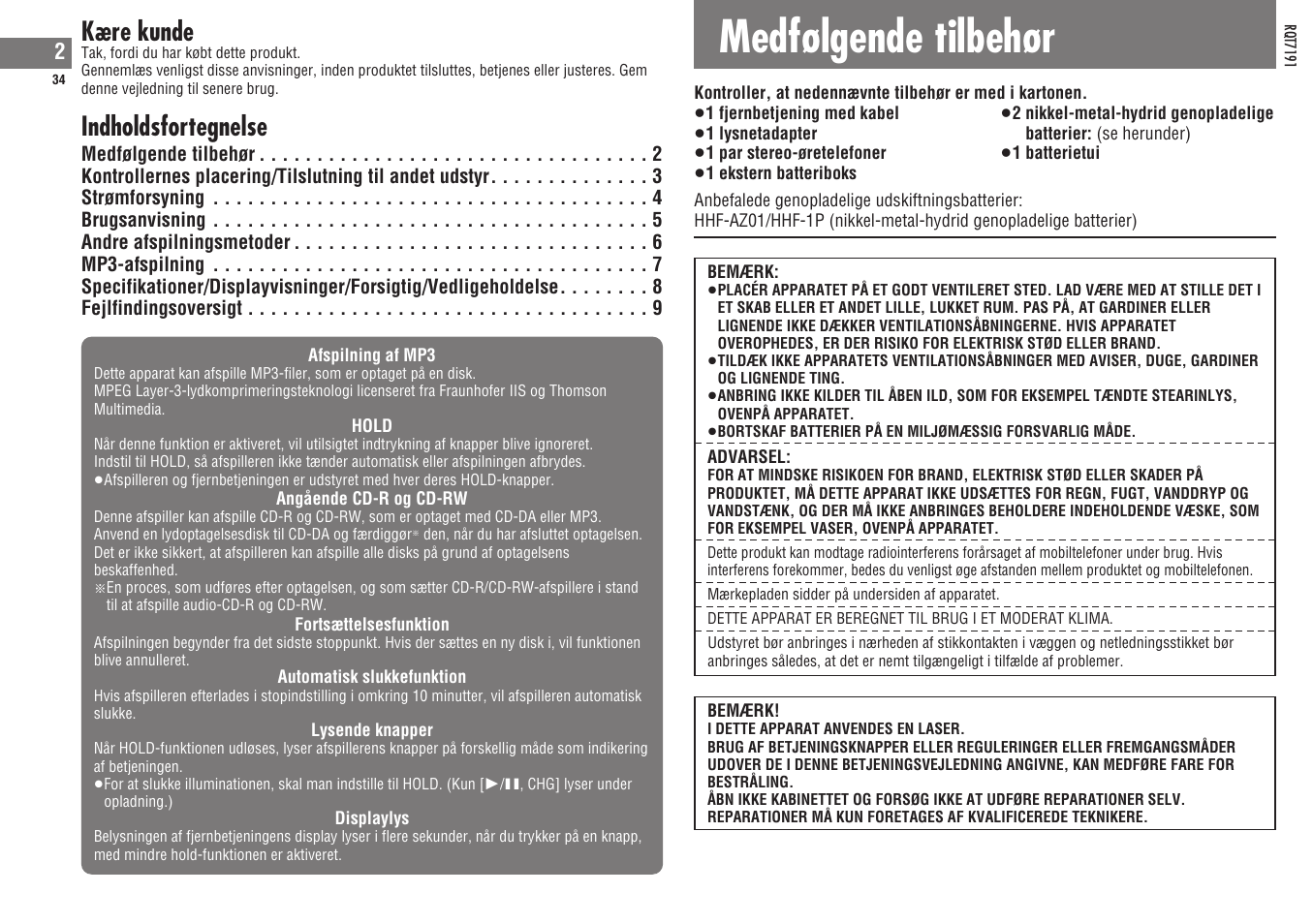Medfølgende tilbehør, Kære kunde, Indholdsfortegnelse | Panasonic SLCT710 User Manual | Page 34 / 92