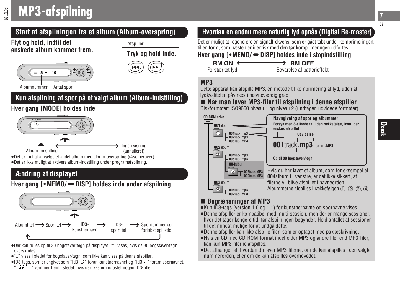 Mp3-afspilning, 001 track .mp3, Ændring af displayet | Hver gang [mode] holdes inde, Begrænsninger af mp3, Flyt og hold, indtil det ønskede album kommer frem | Panasonic SLCT710 User Manual | Page 39 / 92