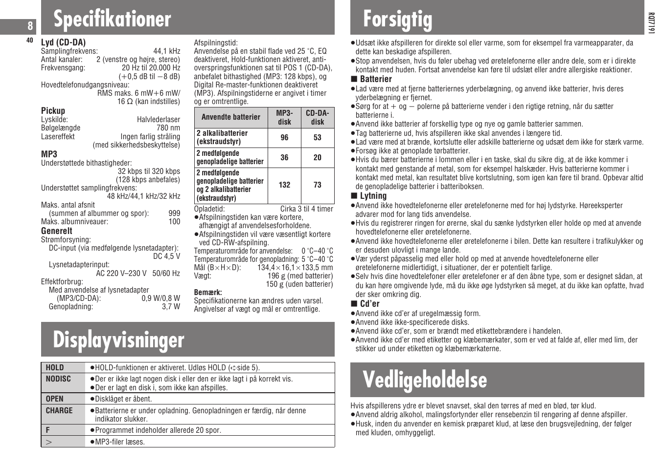Specifikationer, Displayvisninger forsigtig, Vedligeholdelse | Panasonic SLCT710 User Manual | Page 40 / 92