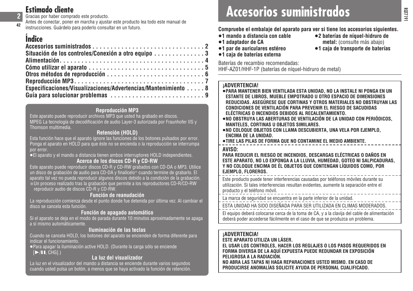 Accesorios suministrados, Estimado cliente, Índice | Panasonic SLCT710 User Manual | Page 42 / 92