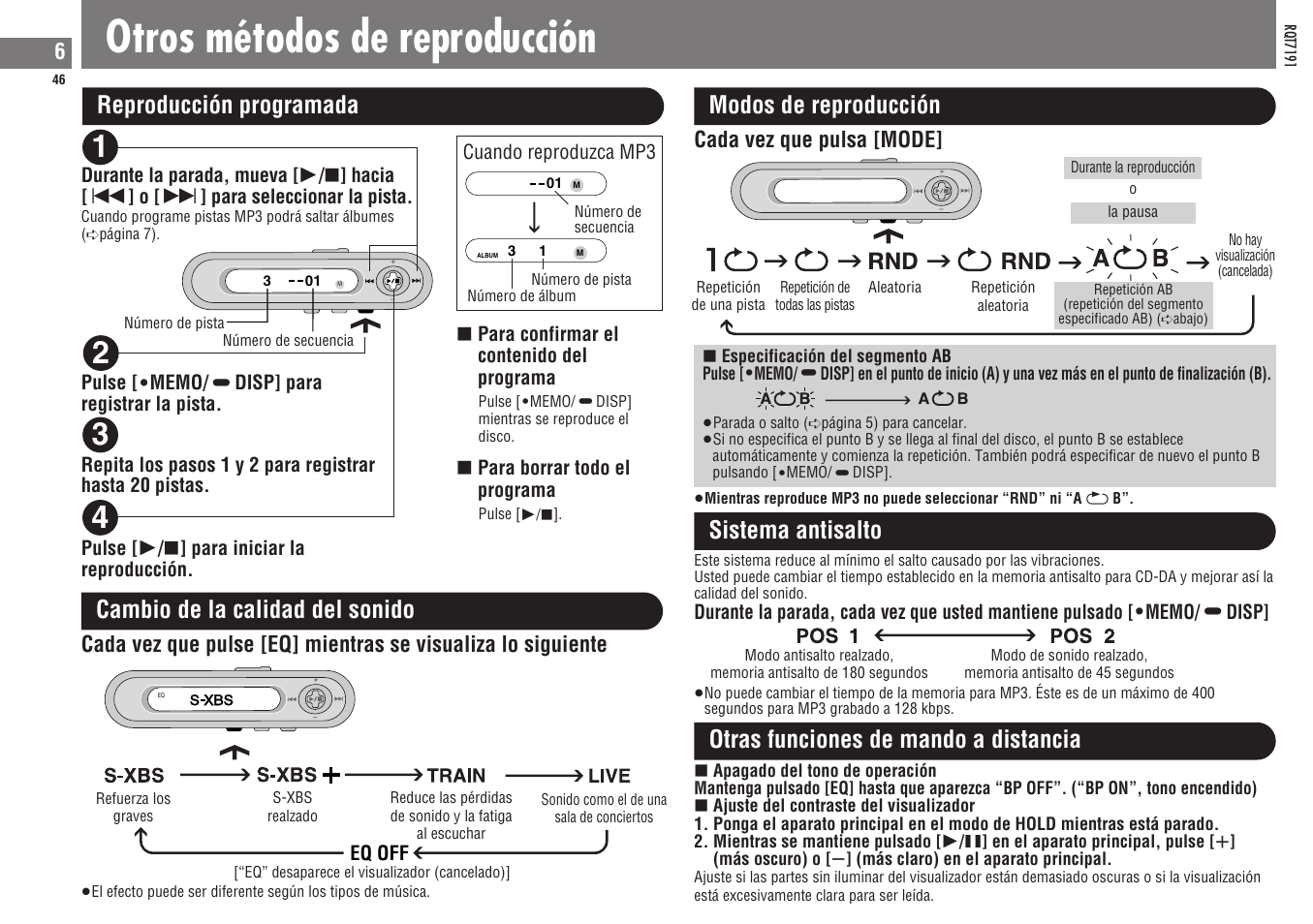 Otros métodos de reproducción, Reproducción programada modos de reproducción, Cambio de la calidad del sonido | Sistema antisalto, Otras funciones de mando a distancia, Cada vez que pulsa [mode | Panasonic SLCT710 User Manual | Page 46 / 92