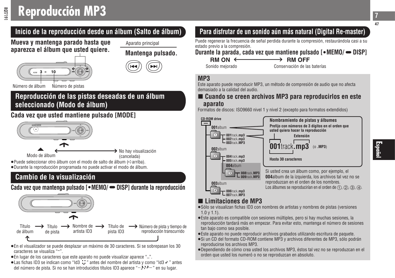 Reproducción mp3, 001 track .mp3, Cambio de la visualización | Limitaciones de mp3, Cada vez que usted mantiene pulsado [mode, Mantenga pulsado | Panasonic SLCT710 User Manual | Page 47 / 92