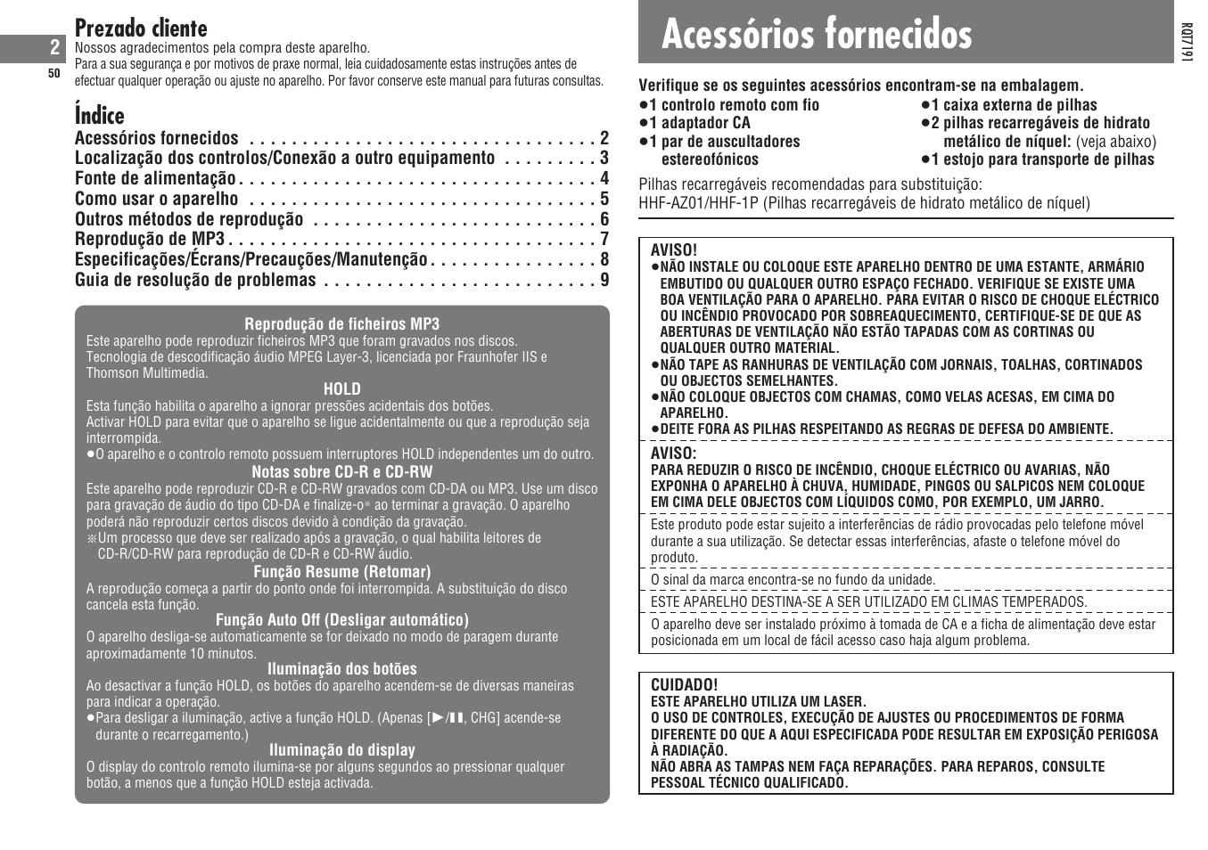 Acessórios fornecidos, Prezado cliente, Índice | Panasonic SLCT710 User Manual | Page 50 / 92