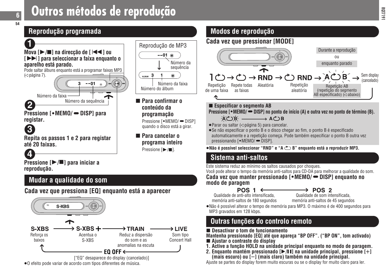 Outros métodos de reprodução, Reprodução programada modos de reprodução, Mudar a qualidade do som | Sistema anti-saltos, Outras funções do controlo remoto, Cada vez que pressionar [mode | Panasonic SLCT710 User Manual | Page 54 / 92