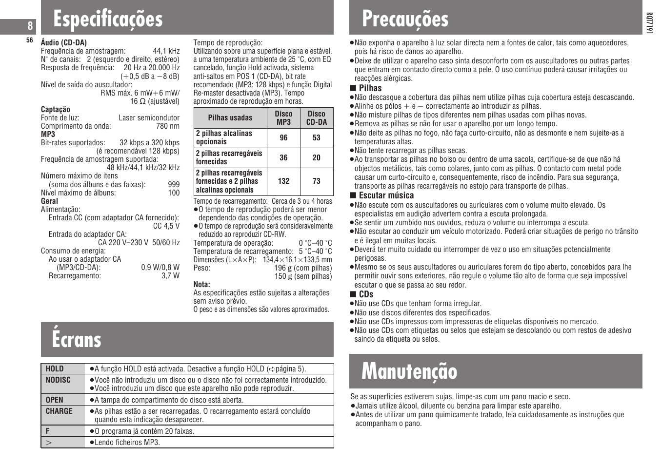 Écrans, Especificações, Precauções | Manutenção | Panasonic SLCT710 User Manual | Page 56 / 92