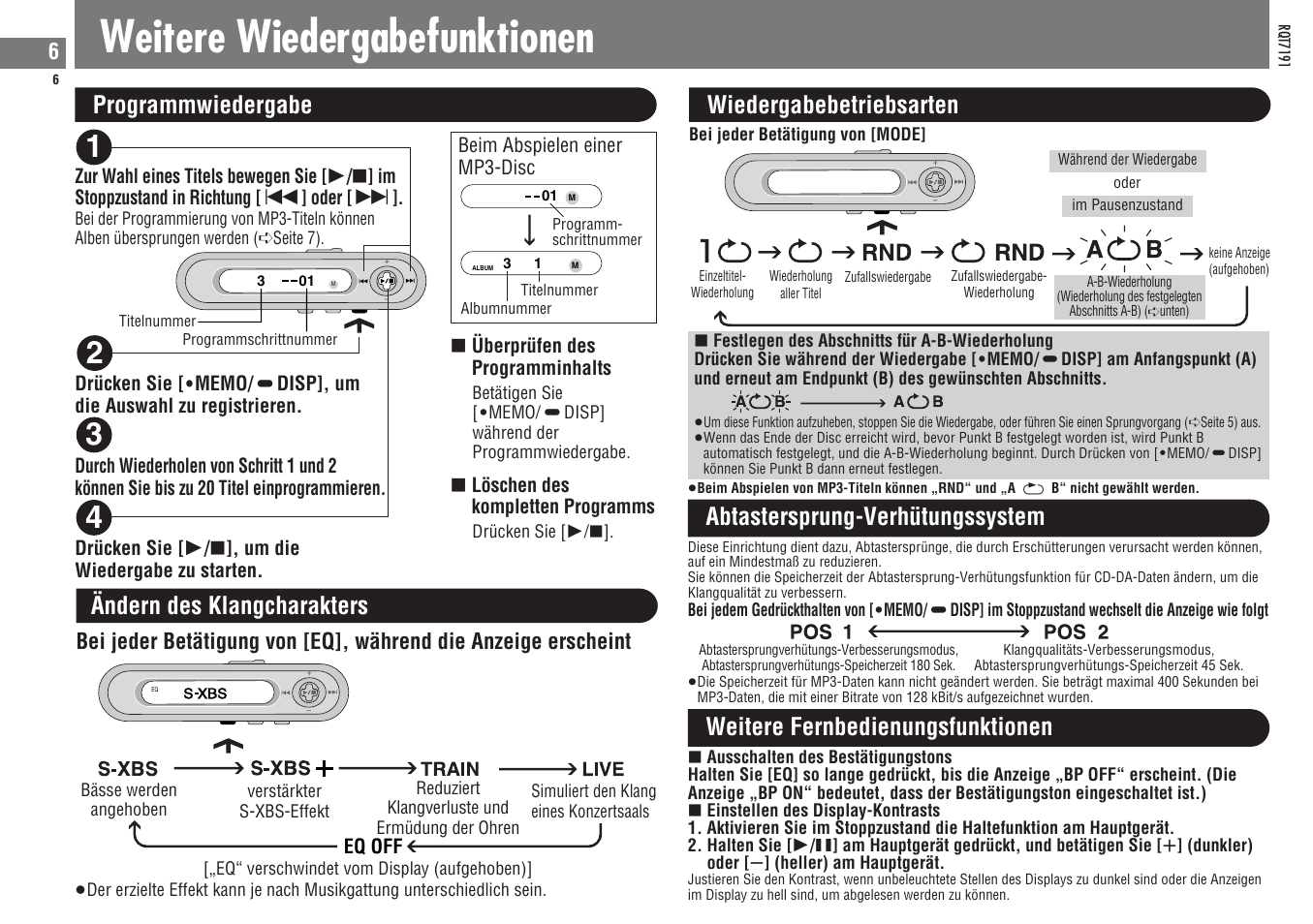 Weitere wiedergabefunktionen, Programmwiedergabe wiedergabebetriebsarten, Ändern des klangcharakters | Abtastersprung-verhütungssystem, Weitere fernbedienungsfunktionen | Panasonic SLCT710 User Manual | Page 6 / 92