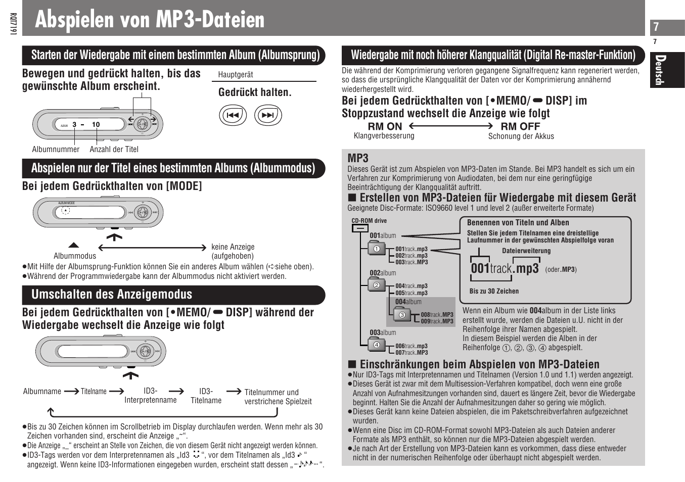 Abspielen von mp3-dateien, 001 track .mp3, Umschalten des anzeigemodus | Bei jedem gedrückthalten von [mode, Einschränkungen beim abspielen von mp3-dateien | Panasonic SLCT710 User Manual | Page 7 / 92