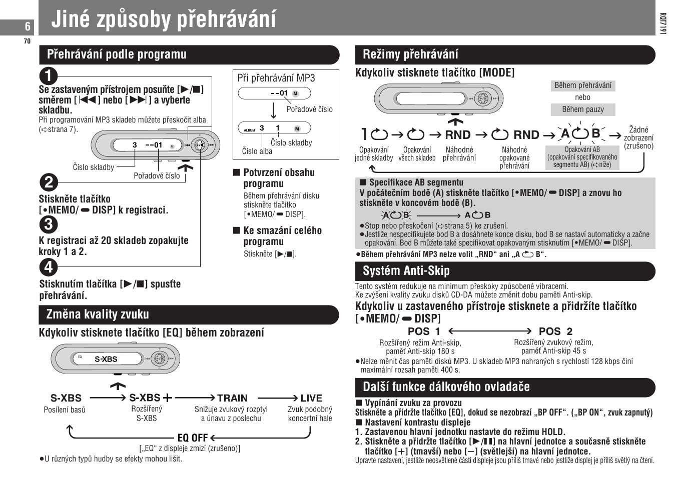 Jiné zpûsoby pâehrávání, Pâehrávání podle programu reƒimy pâehrávání, Zmêna kvality zvuku | Systém anti-skip, Dal¢í funkce dálkového ovladaçe, Kdykoliv stisknete tlaçítko [mode, Kdykoliv stisknete tlaçítko [eq] bêhem zobrazení | Panasonic SLCT710 User Manual | Page 70 / 92