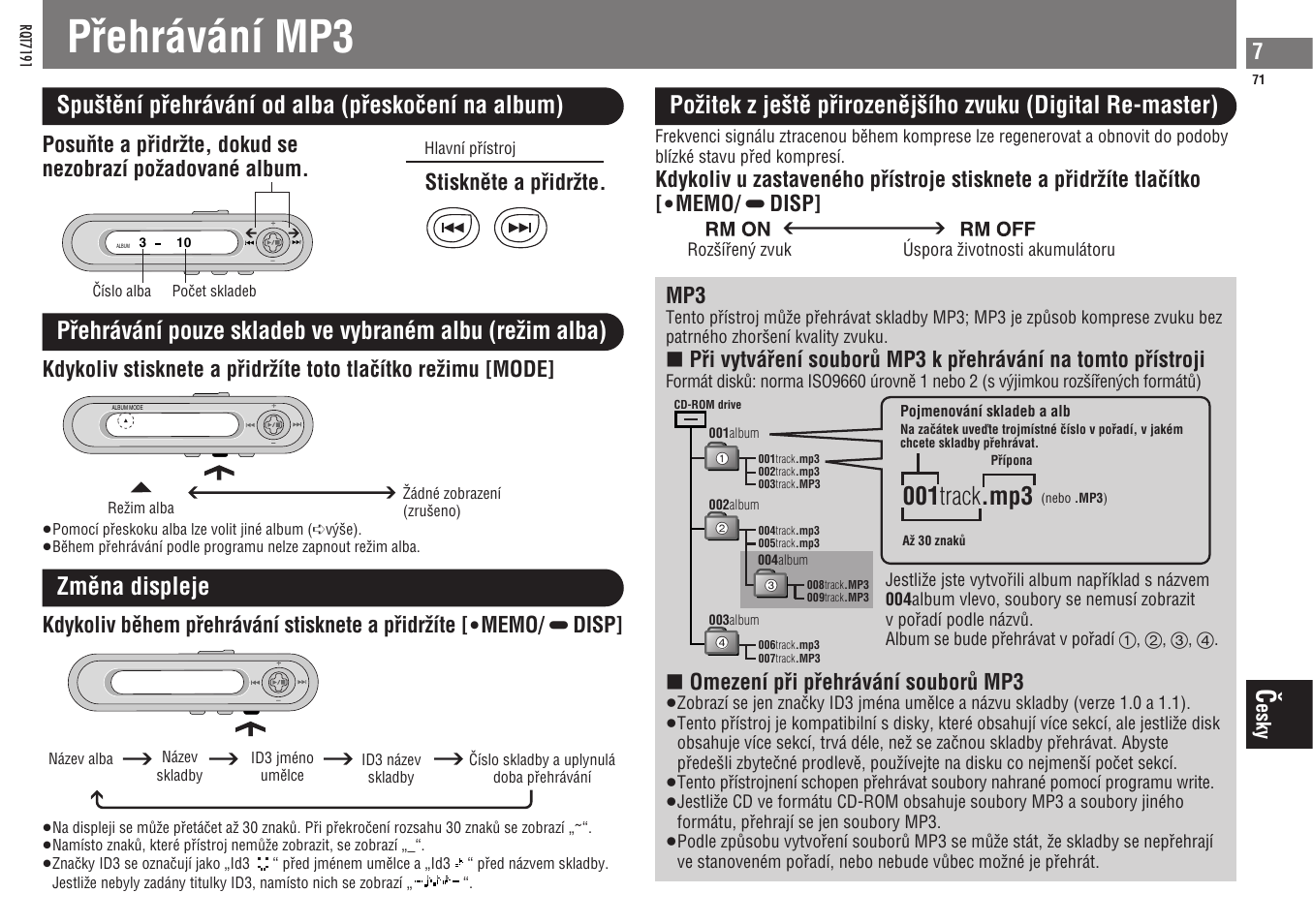 Pâehrávání mp3, 001 track .mp3, Spu¢têní pâehrávání od alba (pâeskoçení na album) | Zmêna displeje, Omezení pâi pâehrávání souborû mp3 | Panasonic SLCT710 User Manual | Page 71 / 92