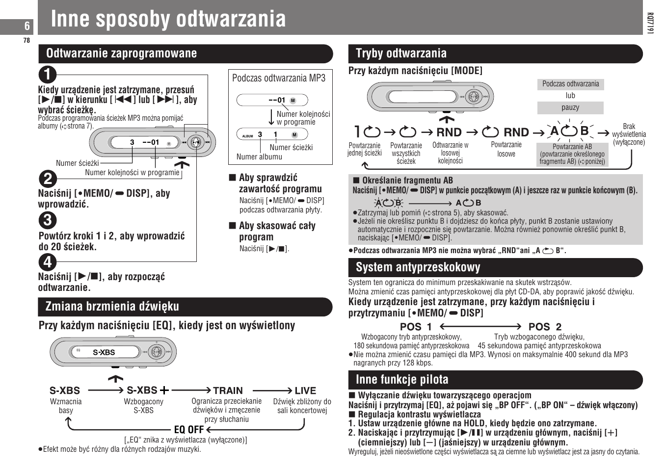Inne sposoby odtwarzania, Odtwarzanie zaprogramowane tryby odtwarzania, Zmiana brzmienia dœwièku | System antyprzeskokowy, Inne funkcje pilota | Panasonic SLCT710 User Manual | Page 78 / 92