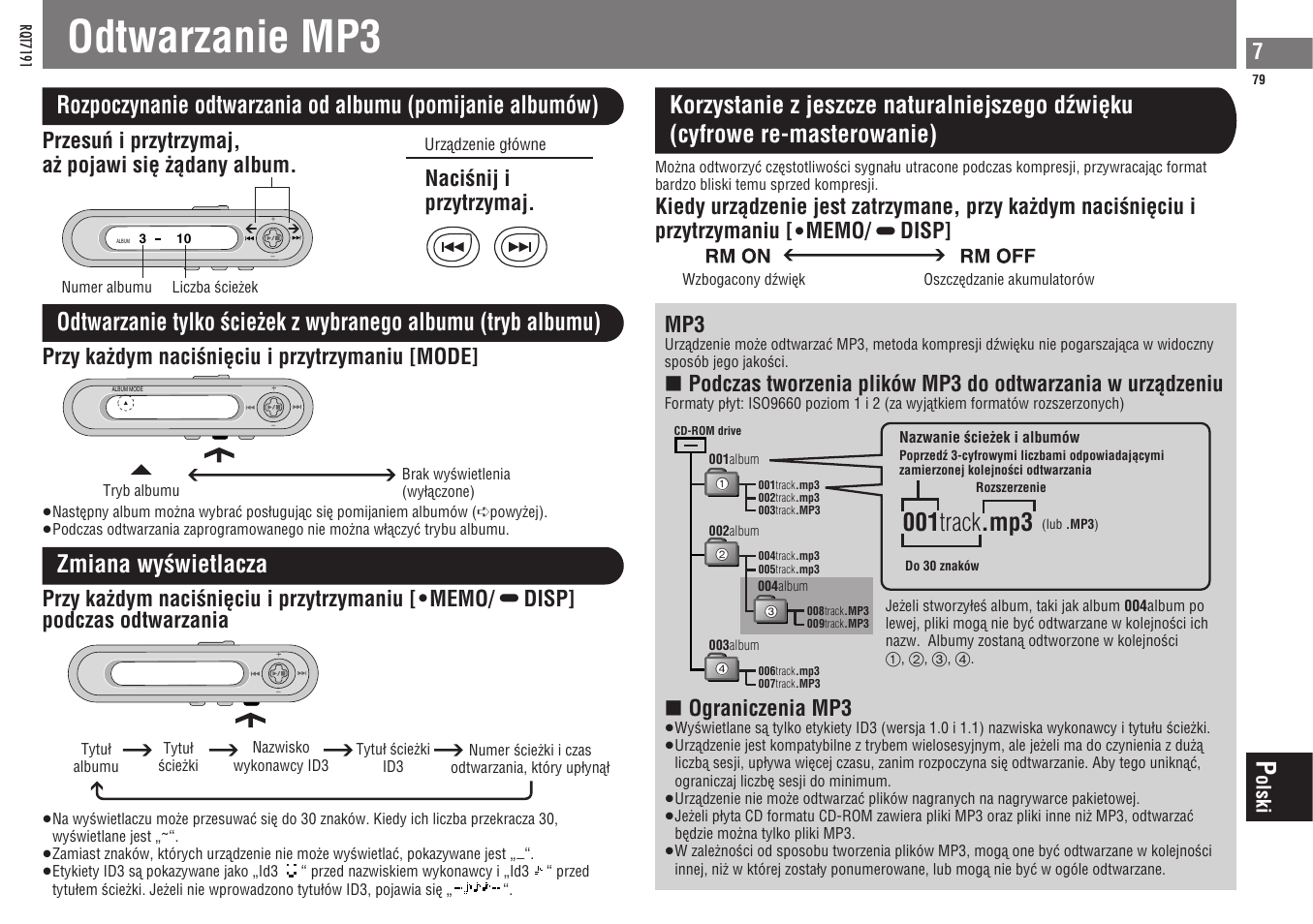 Odtwarzanie mp3, 001 track .mp3, Zmiana wyøwietlacza | Przesuæ i przytrzymaj, aë pojawi siè ëàdany album, Przy kaëdym naciønièciu i przytrzymaniu [mode, Ograniczenia mp3 | Panasonic SLCT710 User Manual | Page 79 / 92