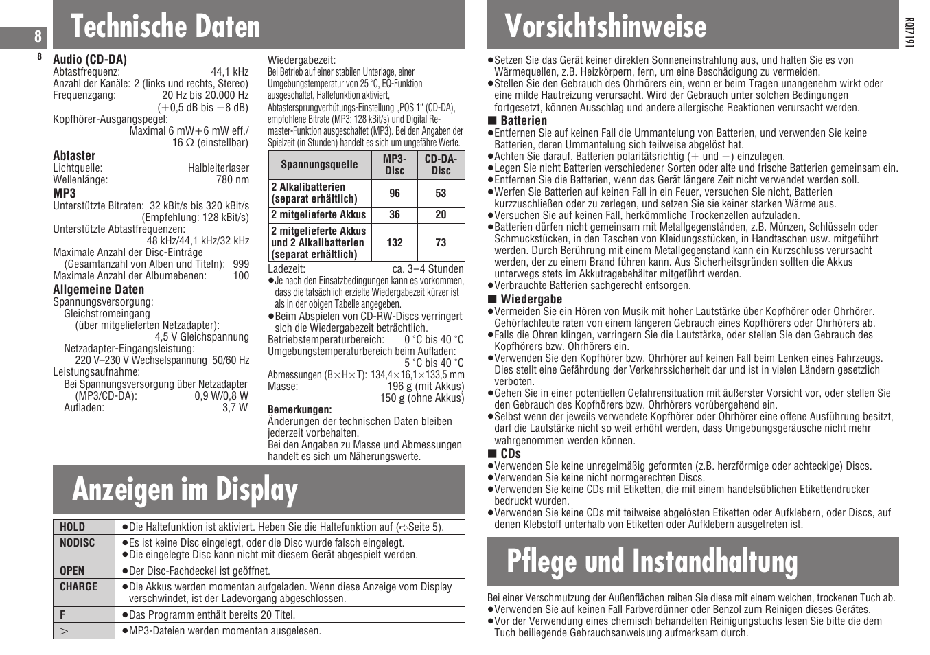 Technische daten, Anzeigen im display vorsichtshinweise, Pflege und instandhaltung | Panasonic SLCT710 User Manual | Page 8 / 92