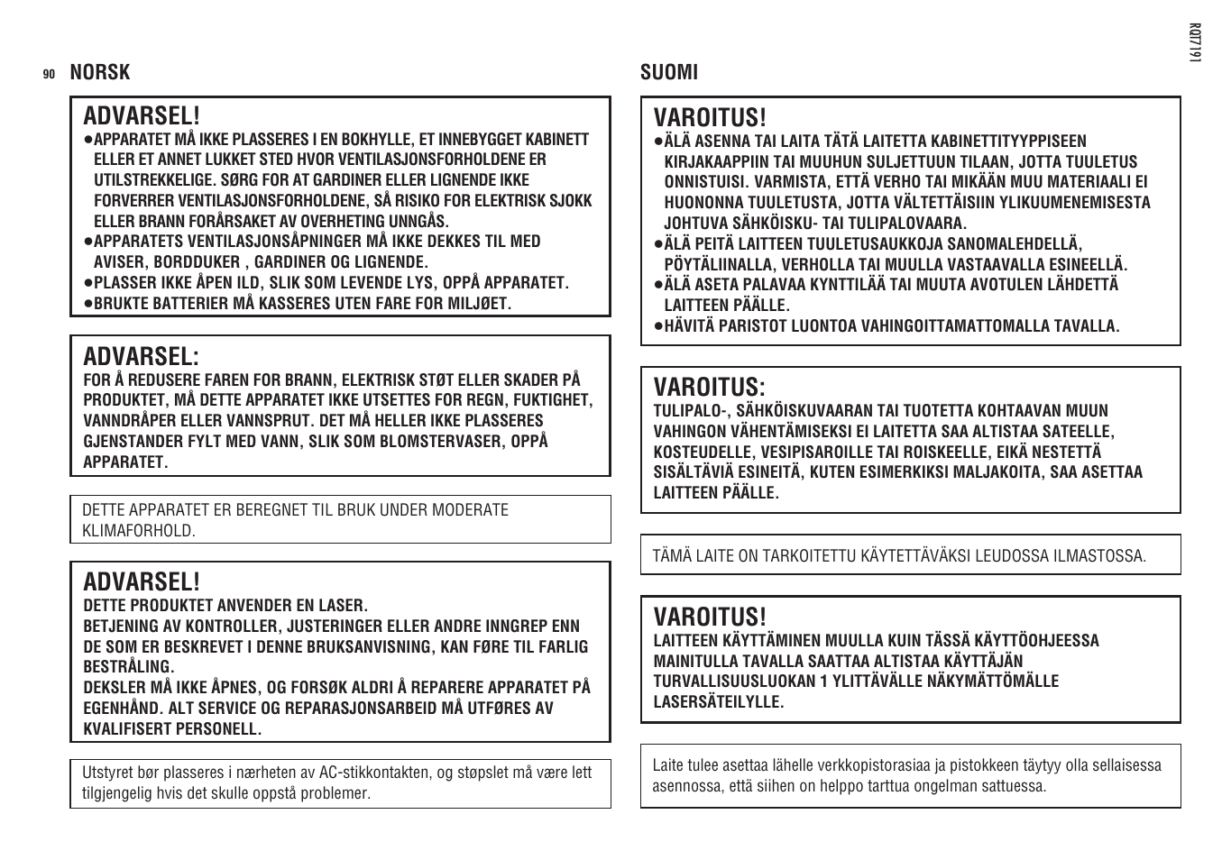 Advarsel, Varoitus | Panasonic SLCT710 User Manual | Page 90 / 92