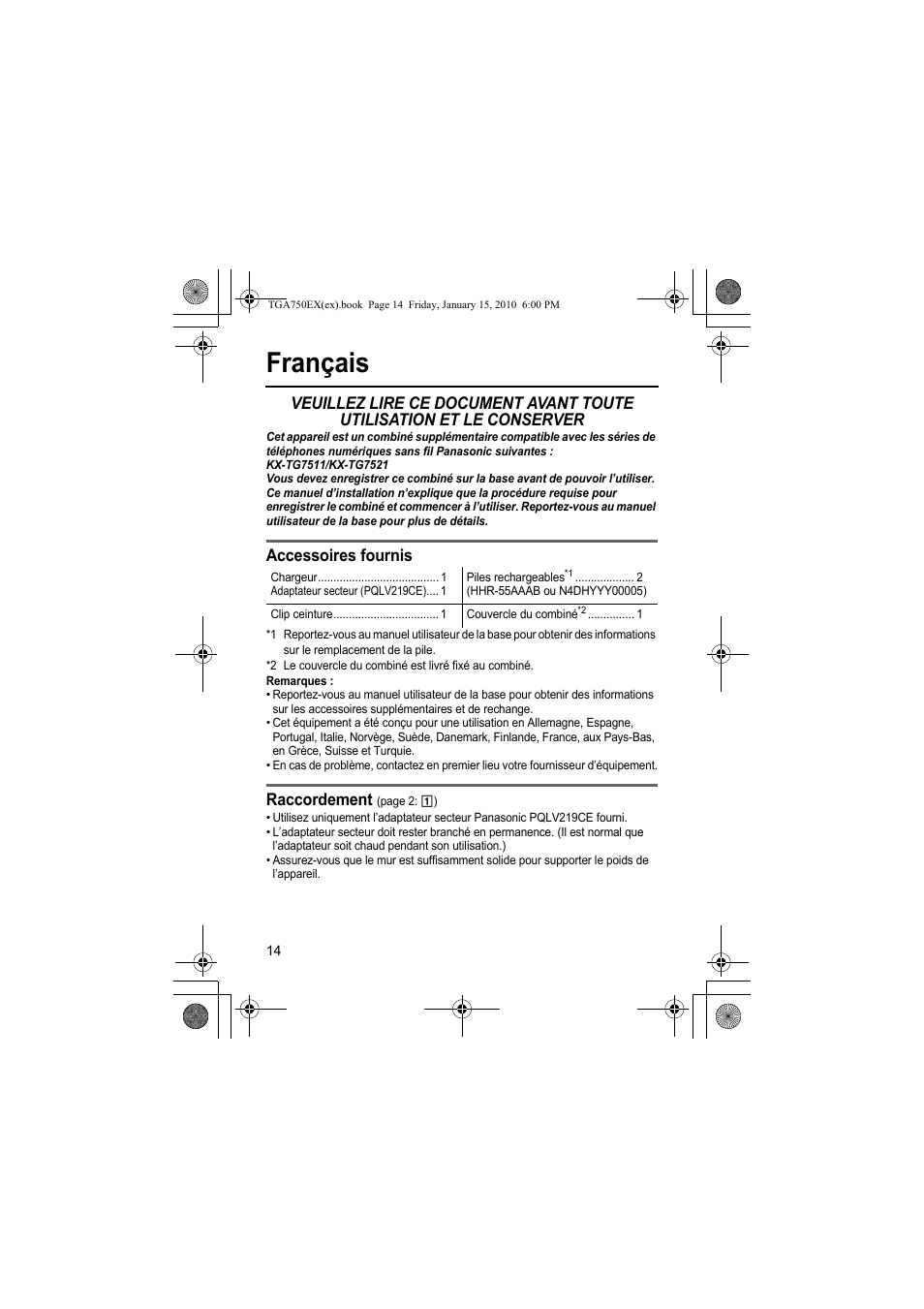 Français, Accessoires fournis, Raccordement | Panasonic KXTGA750EX User Manual | Page 14 / 76