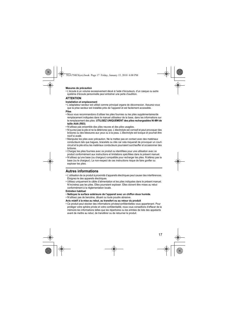 Autres informations | Panasonic KXTGA750EX User Manual | Page 17 / 76