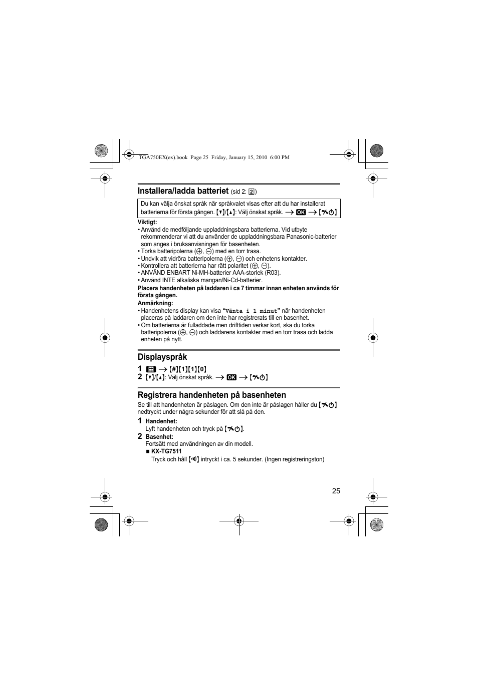 Installera/ladda batteriet, Displayspråk, Registrera handenheten på basenheten | Panasonic KXTGA750EX User Manual | Page 25 / 76