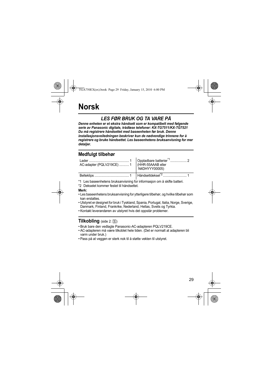 Norsk, Les før bruk og ta vare på, Medfulgt tilbehør | Tilkobling | Panasonic KXTGA750EX User Manual | Page 29 / 76