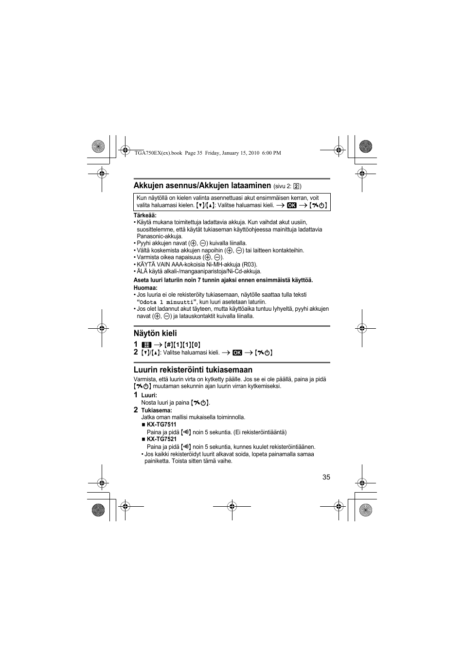 Akkujen asennus/akkujen lataaminen, Näytön kieli, Luurin rekisteröinti tukiasemaan | Panasonic KXTGA750EX User Manual | Page 35 / 76