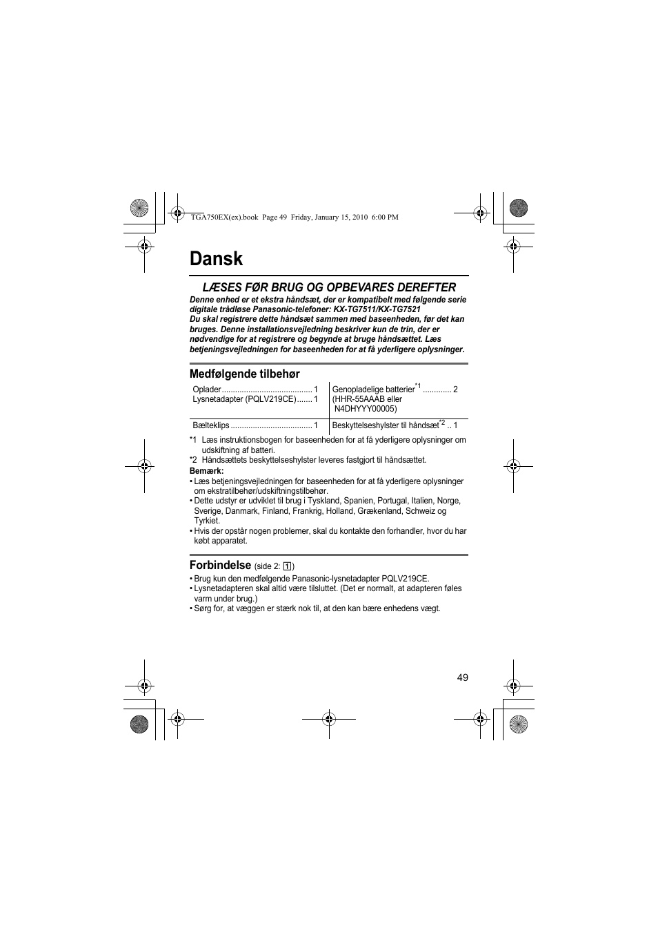 Dansk, Læses før brug og opbevares derefter, Medfølgende tilbehør | Forbindelse | Panasonic KXTGA750EX User Manual | Page 49 / 76