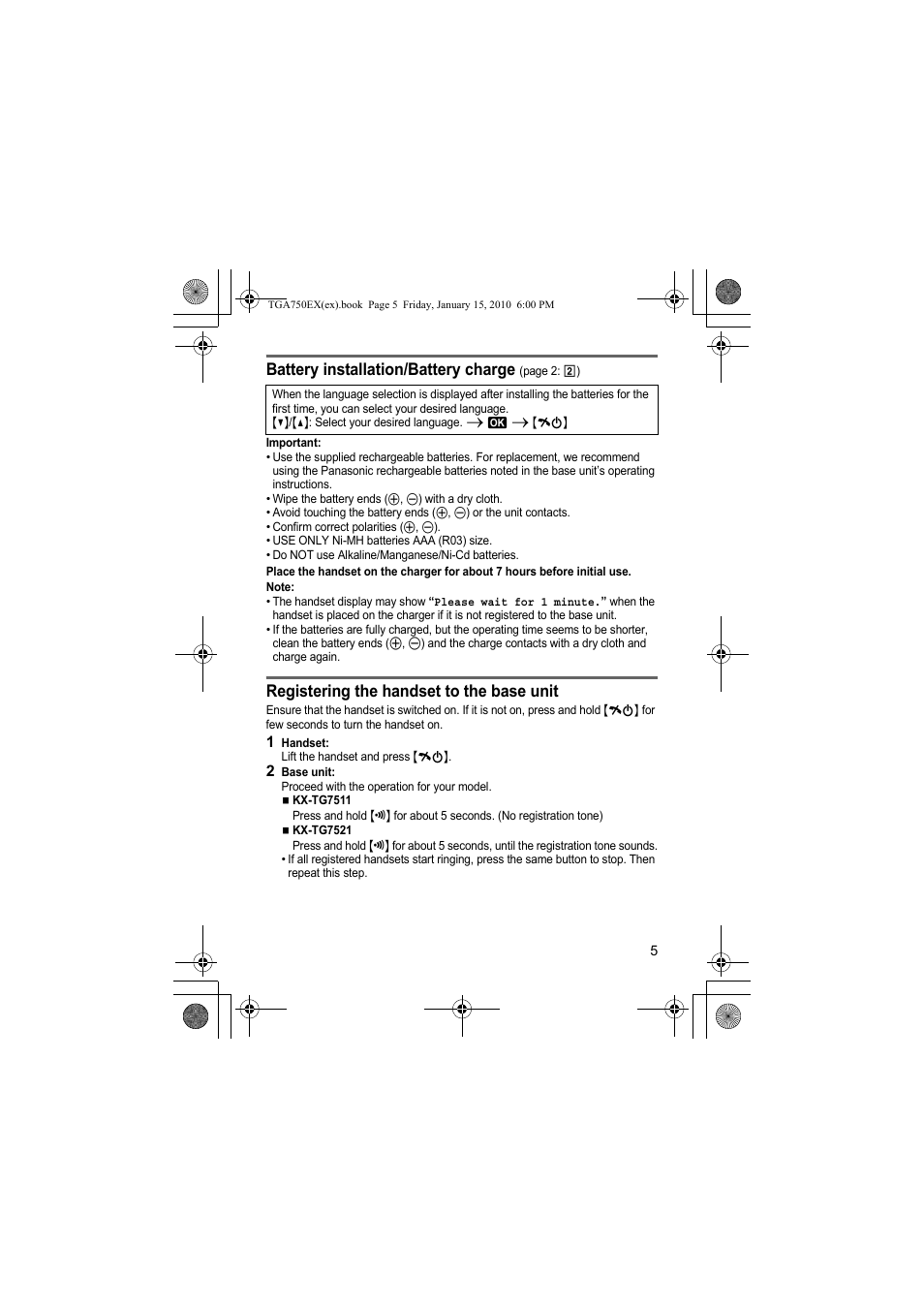 Battery installation/battery charge, Registering the handset to the base unit | Panasonic KXTGA750EX User Manual | Page 5 / 76