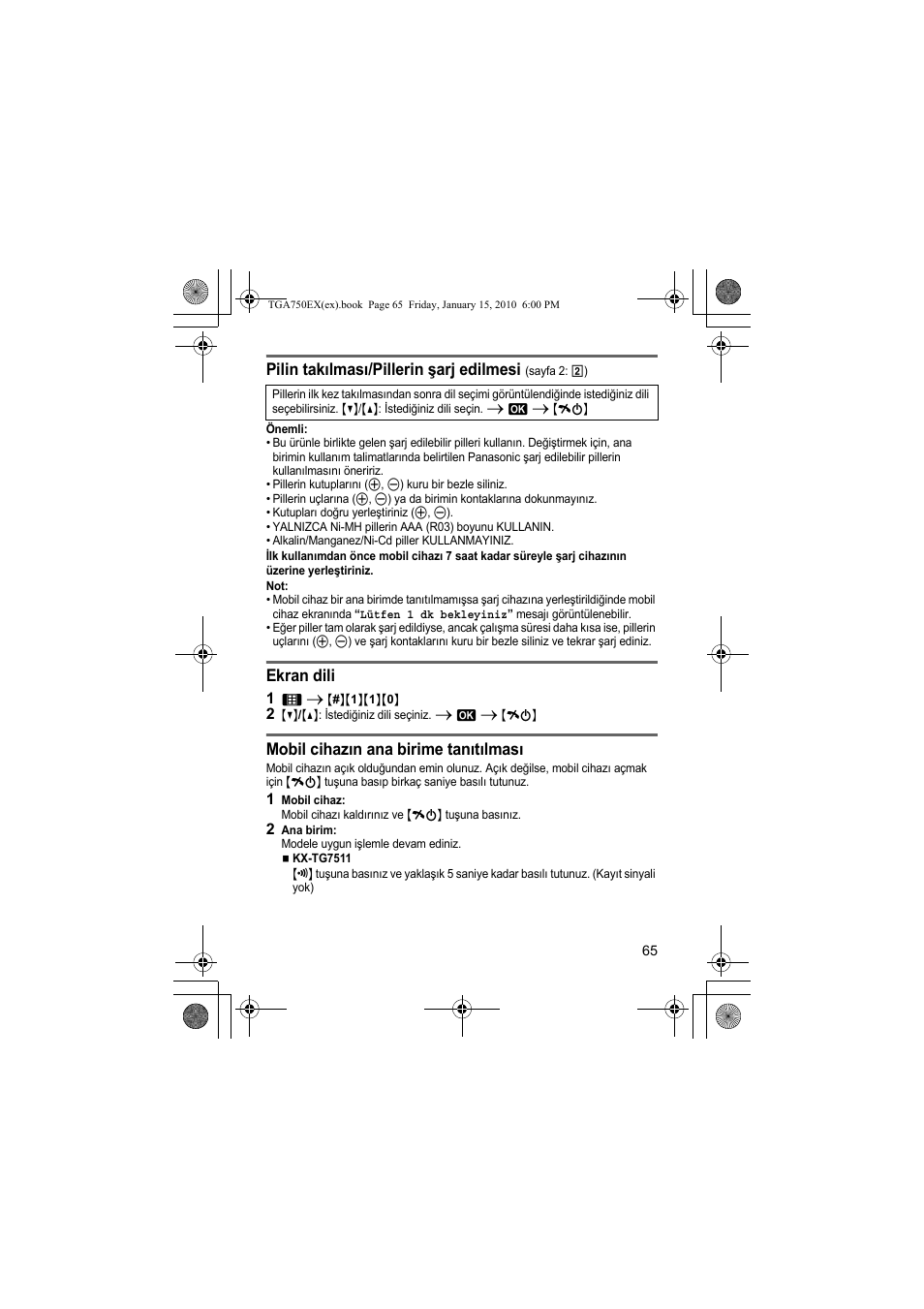 Pilin takılması/pillerin şarj edilmesi, Ekran dili, Mobil cihazın ana birime tanıtılması | Panasonic KXTGA750EX User Manual | Page 65 / 76