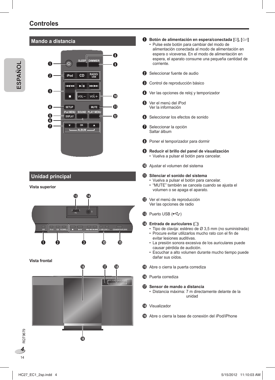 Controles | Panasonic SCHC27 User Manual | Page 14 / 68