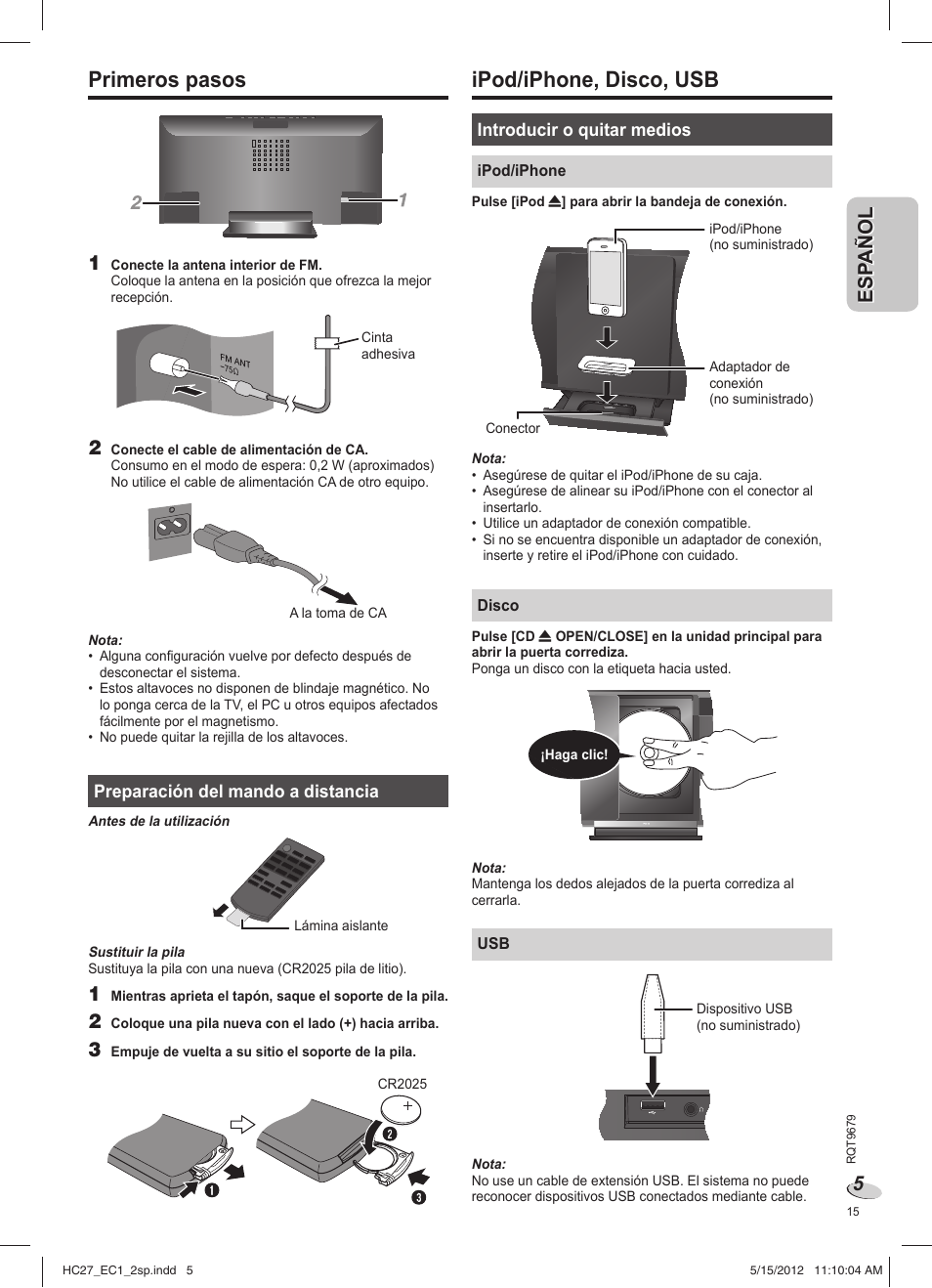 Ipod/iphone, disco, usb, Primeros pasos | Panasonic SCHC27 User Manual | Page 15 / 68