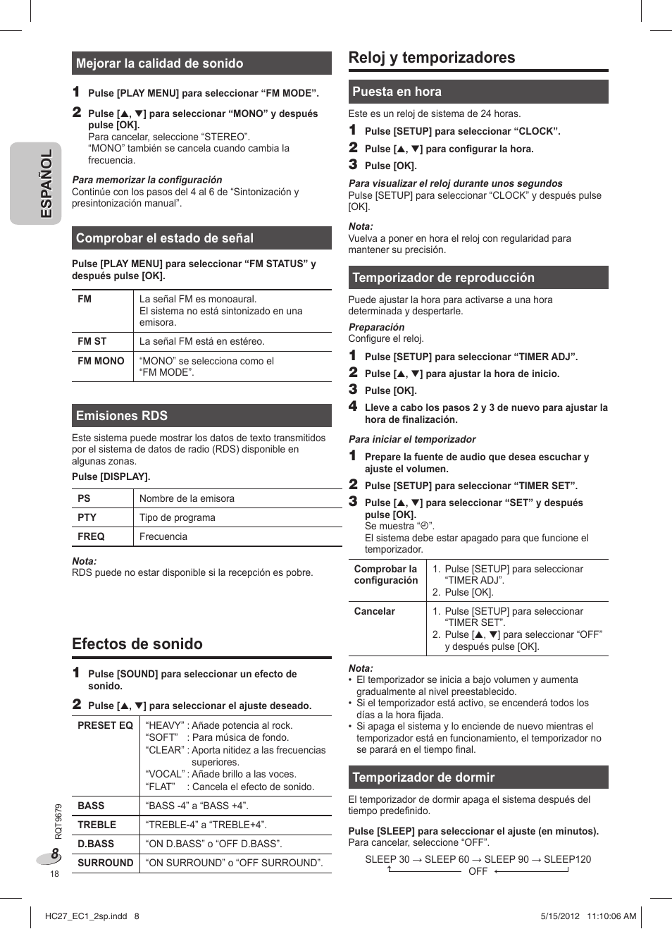 Efectos de sonido, Reloj y temporizadores | Panasonic SCHC27 User Manual | Page 18 / 68