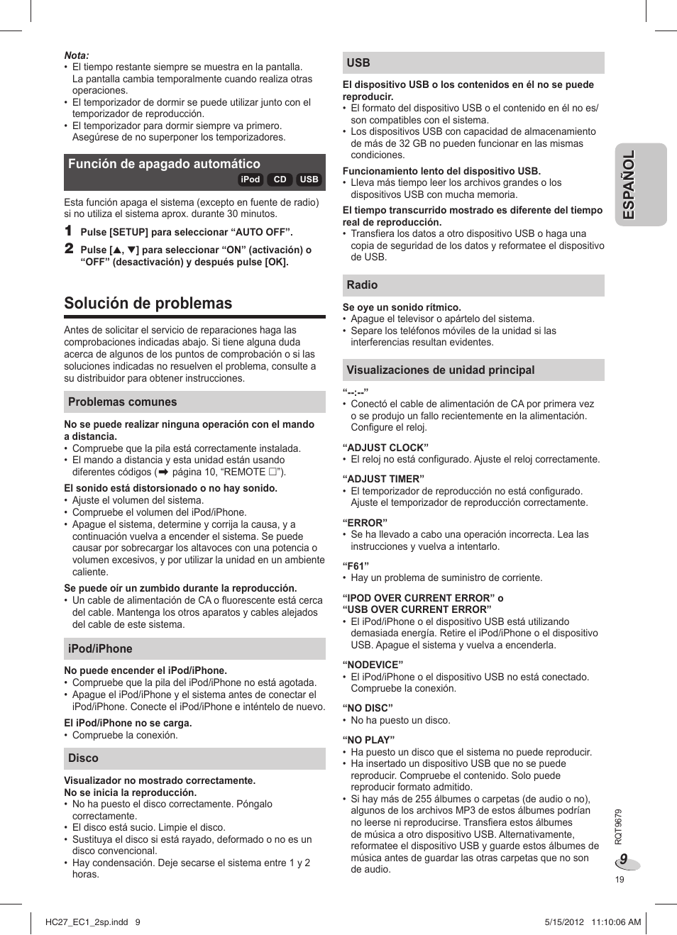 Solución de problemas | Panasonic SCHC27 User Manual | Page 19 / 68