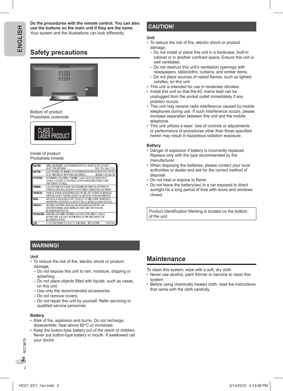 Safety precautions, Maintenance, En g l is h english | Panasonic SCHC27 User Manual | Page 2 / 68