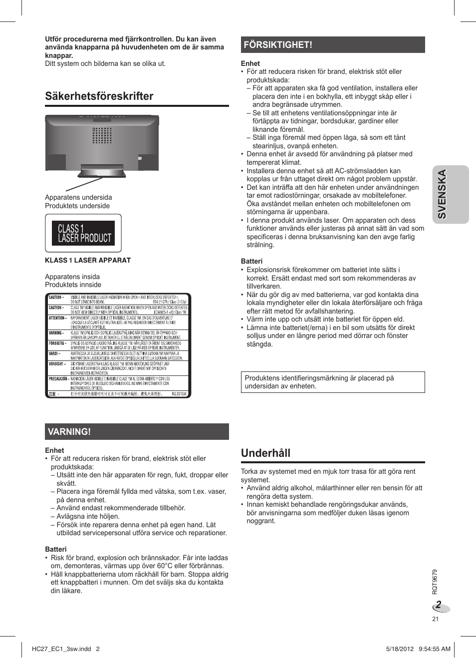 Sc-hc27ec_rqt9679-1e_3sw, Säkerhetsföreskrifter, Underhåll | Panasonic SCHC27 User Manual | Page 21 / 68