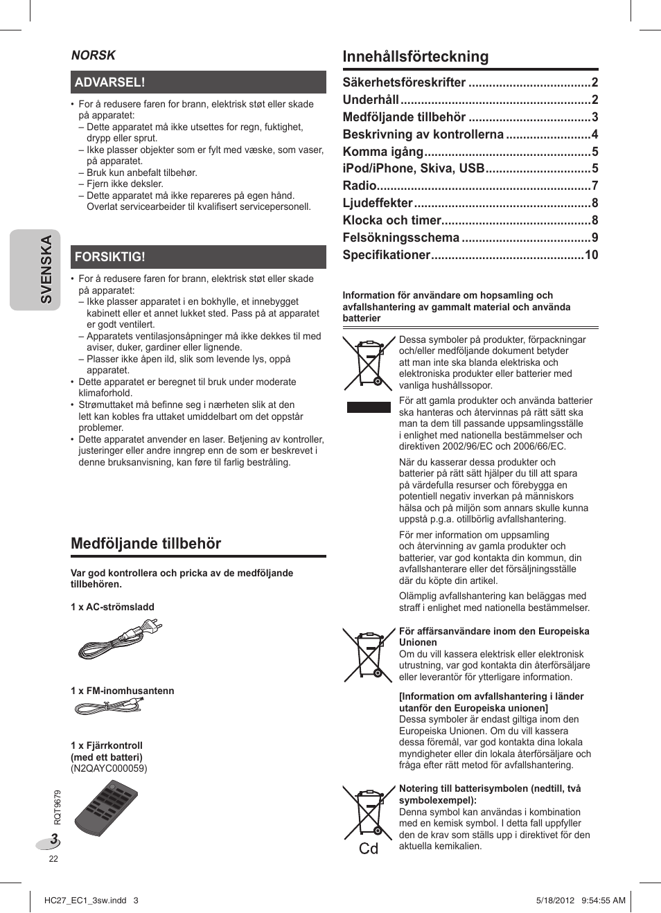 Medföljande tillbehör, Innehållsförteckning | Panasonic SCHC27 User Manual | Page 22 / 68