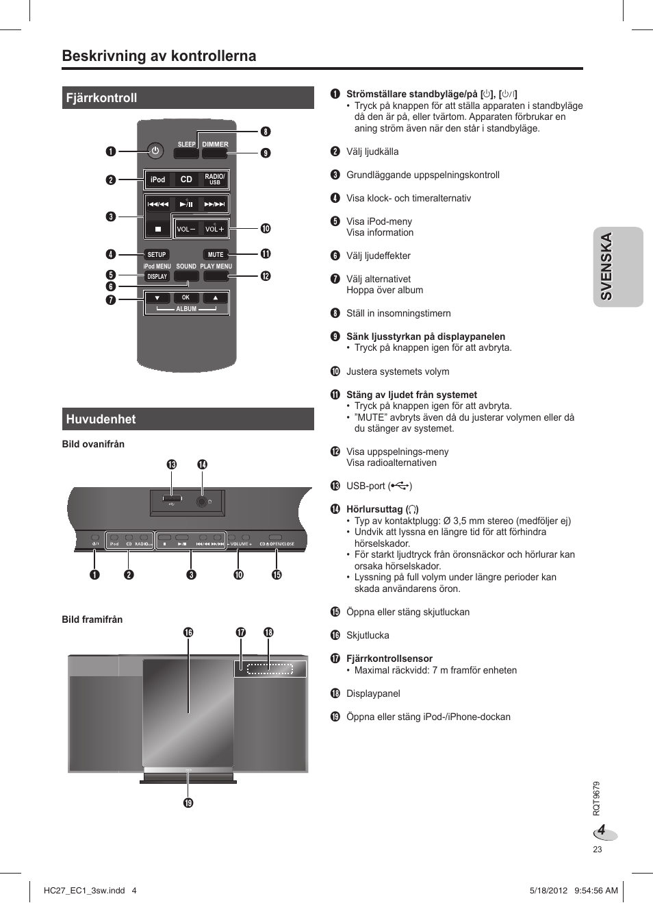 Beskrivning av kontrollerna, Fjärrkontroll, Huvudenhet | Panasonic SCHC27 User Manual | Page 23 / 68