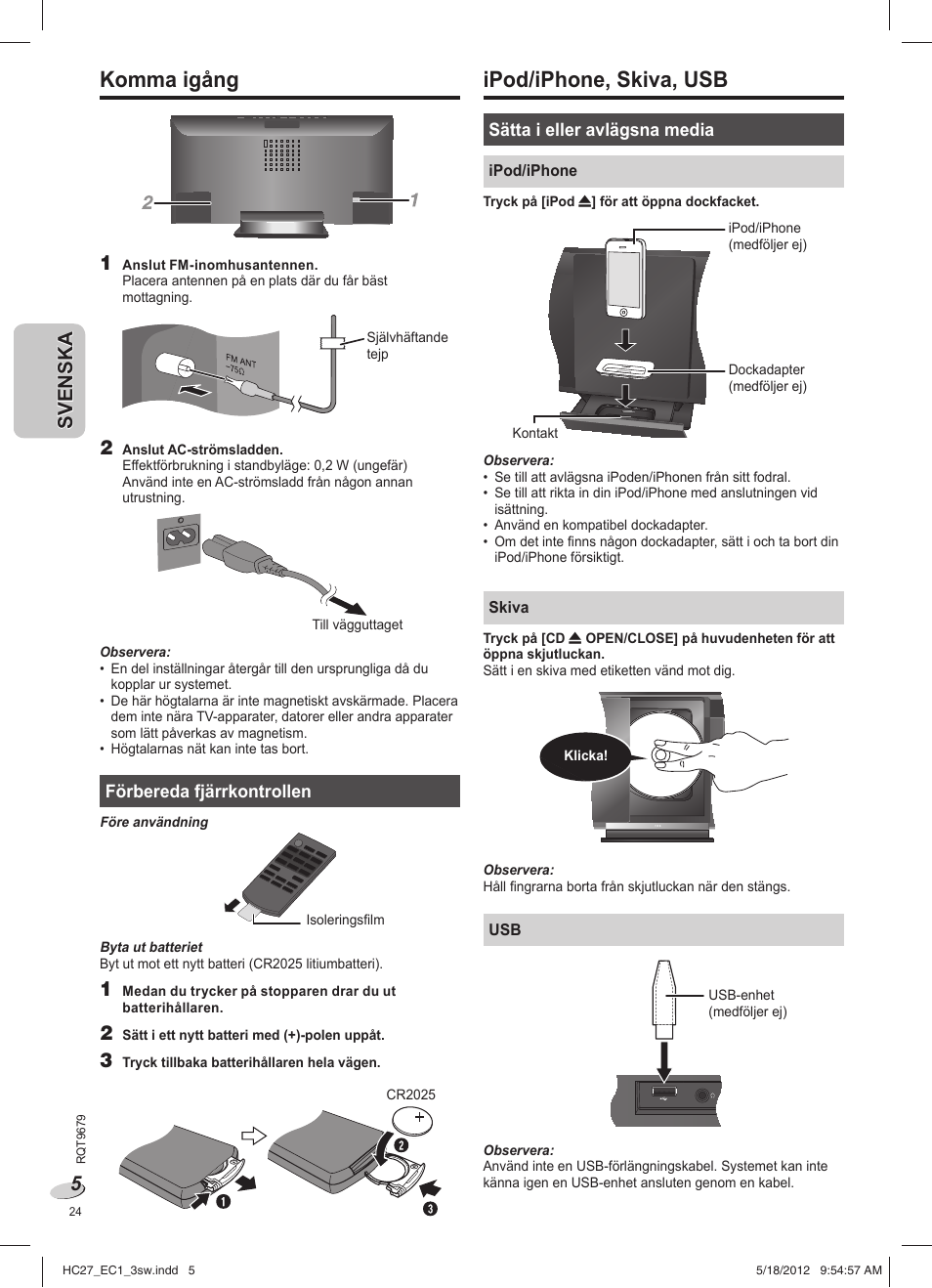 Ipod/iphone, skiva, usb, Komma igång | Panasonic SCHC27 User Manual | Page 24 / 68