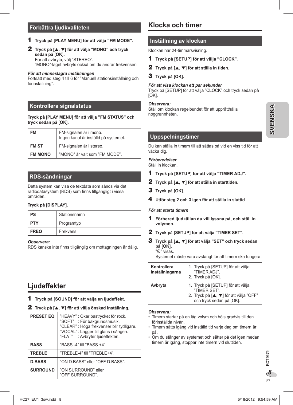 Ljudeffekter, Klocka och timer | Panasonic SCHC27 User Manual | Page 27 / 68