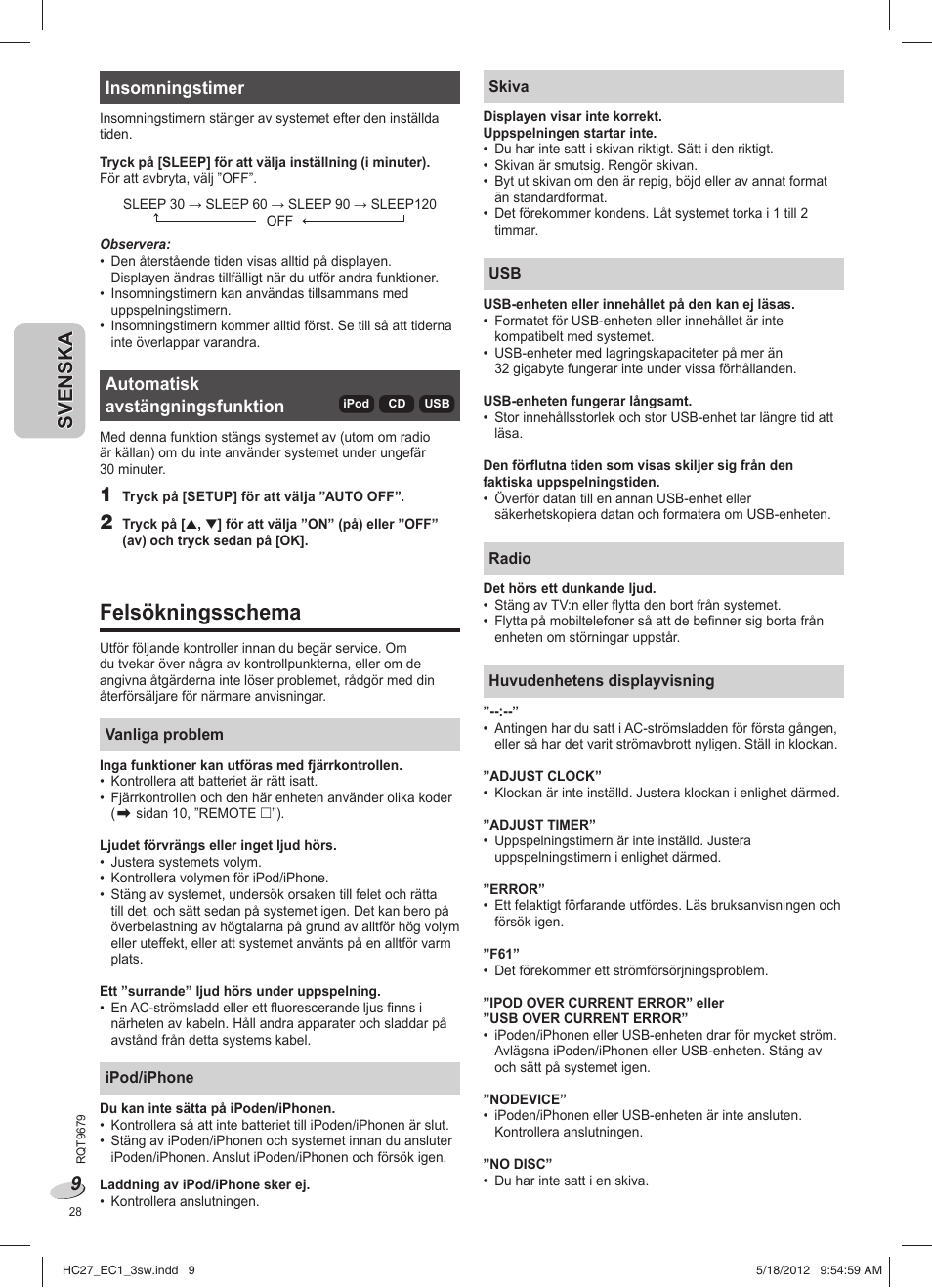 Felsökningsschema | Panasonic SCHC27 User Manual | Page 28 / 68